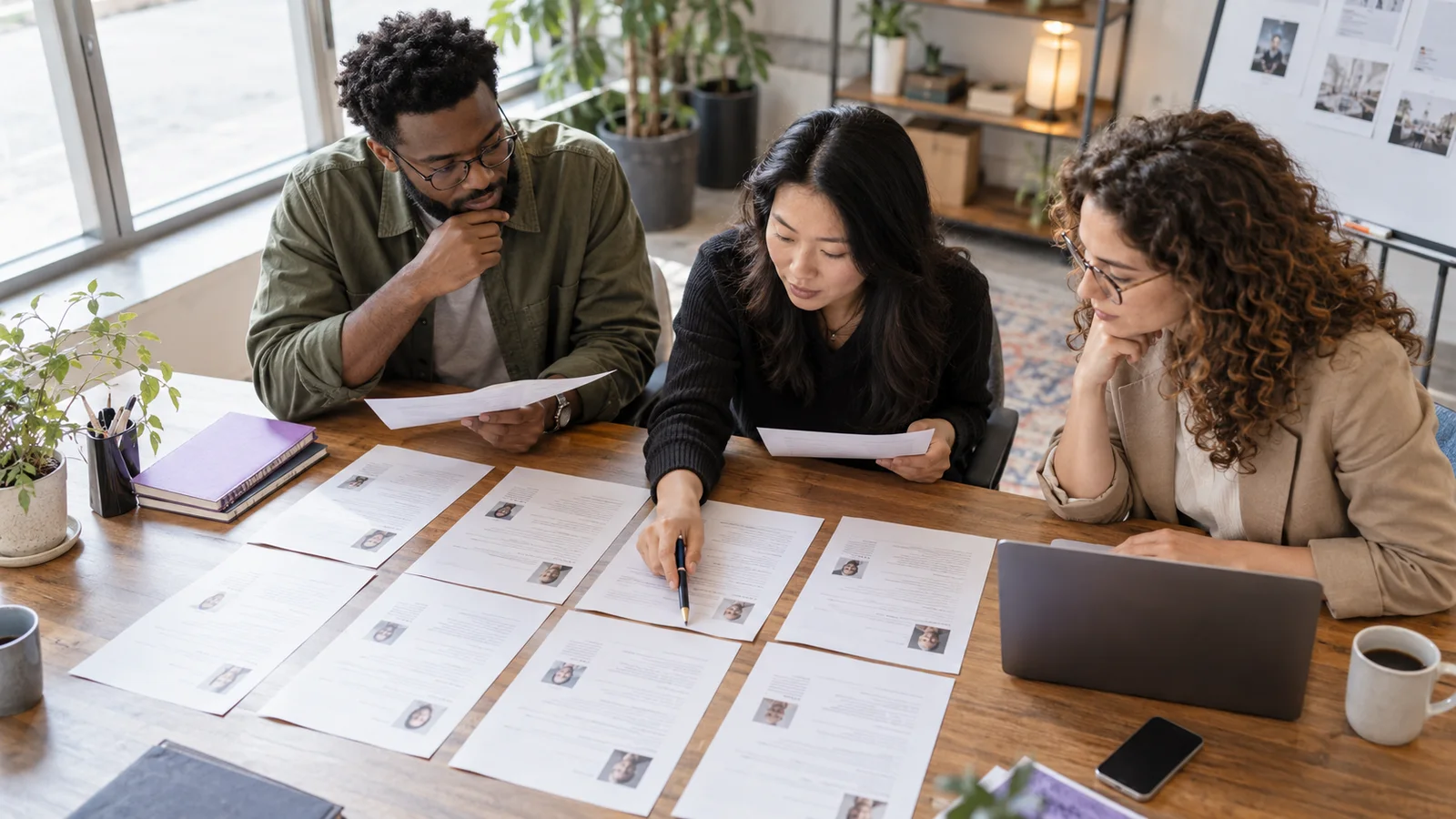 Three hiring teammates compare a table of résumés together