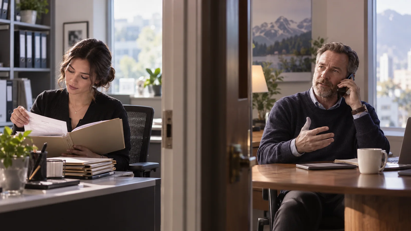 An HR coordinator checks a personnel file while a former manager speaks on the phone