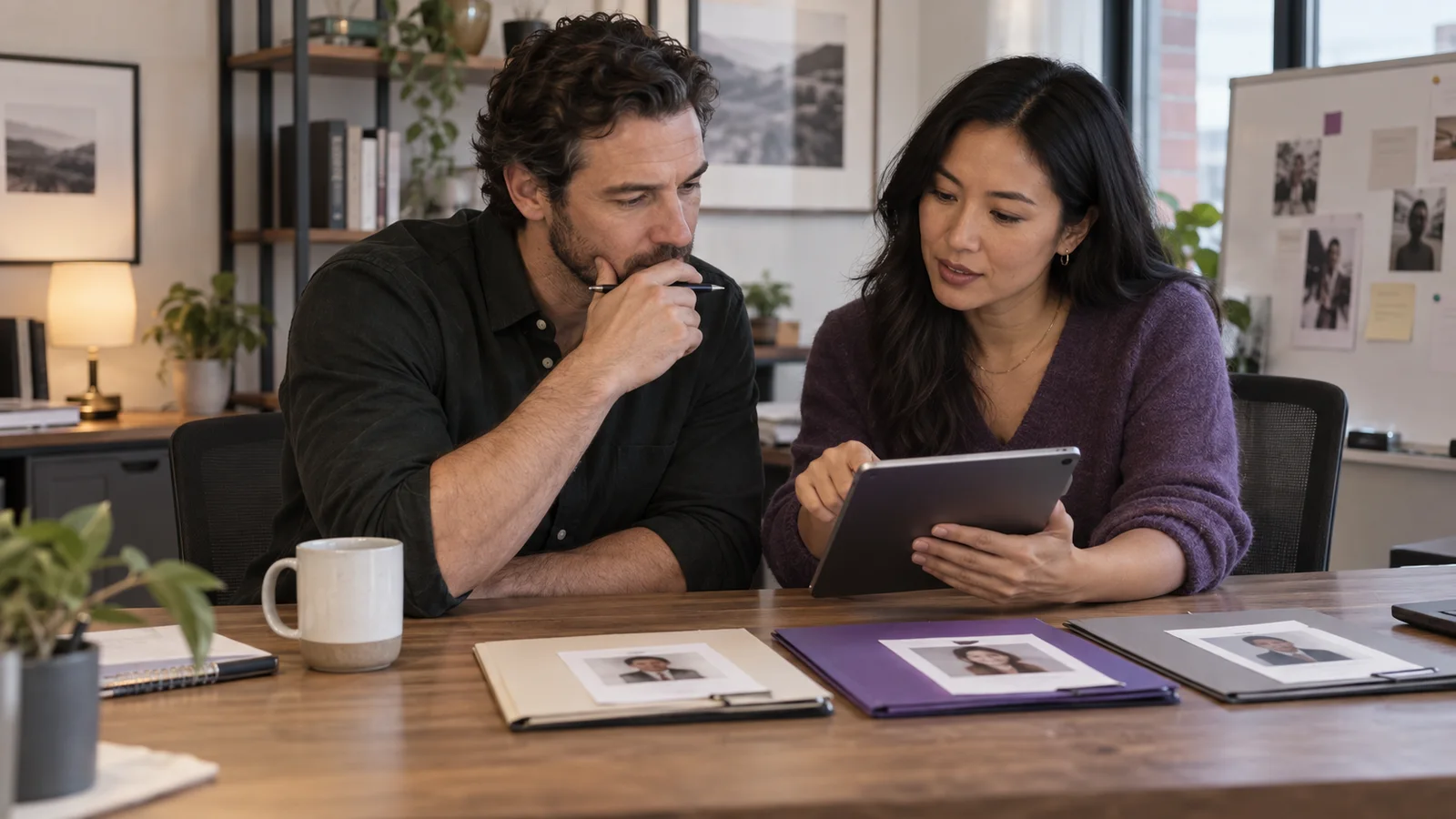 Two hiring managers review a candidate scorecard on a tablet