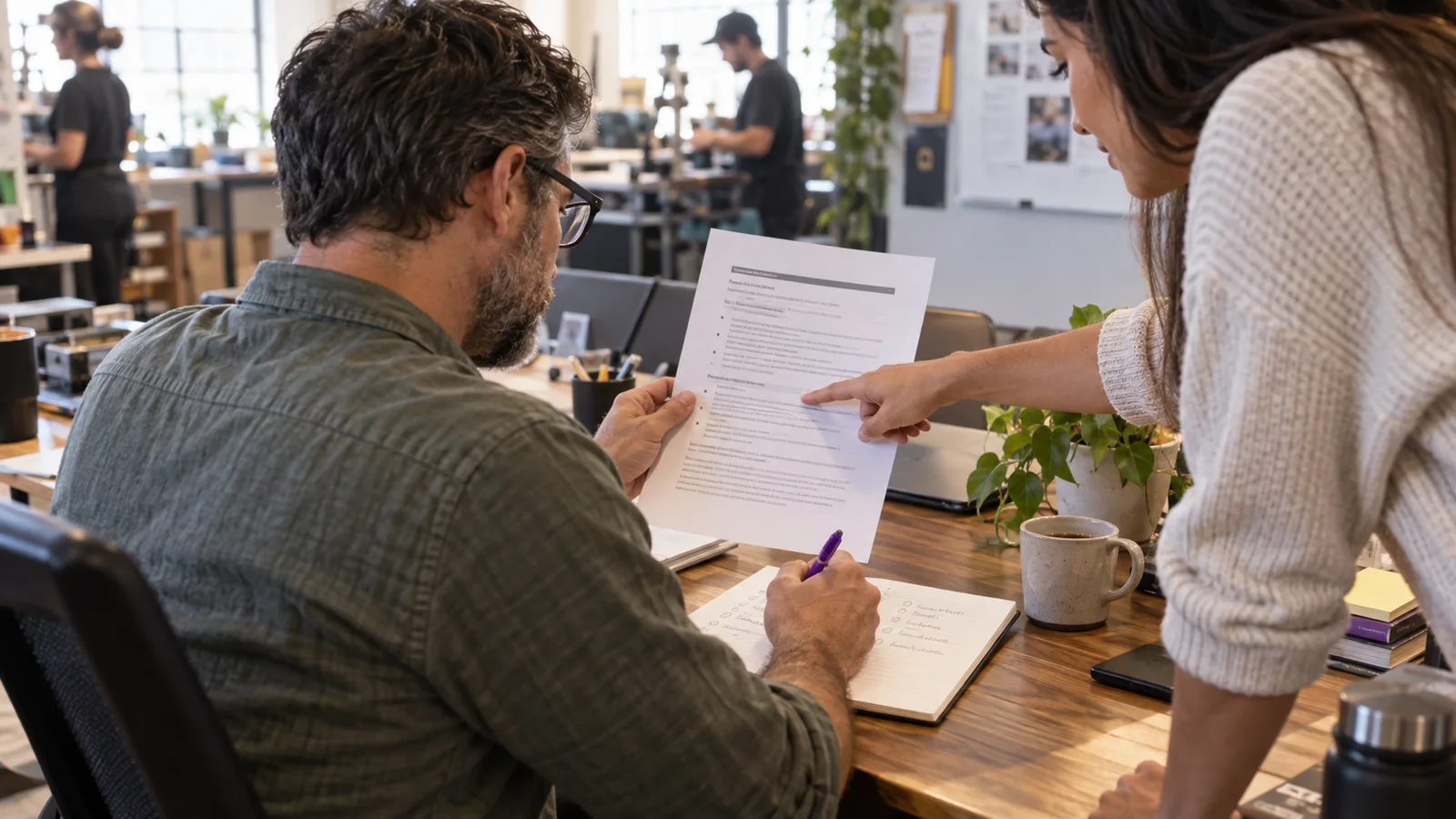 Two managers turn a printed job description into screening questions