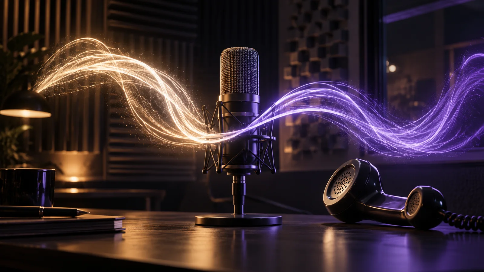 Two luminous sound waves cross around a studio microphone and telephone