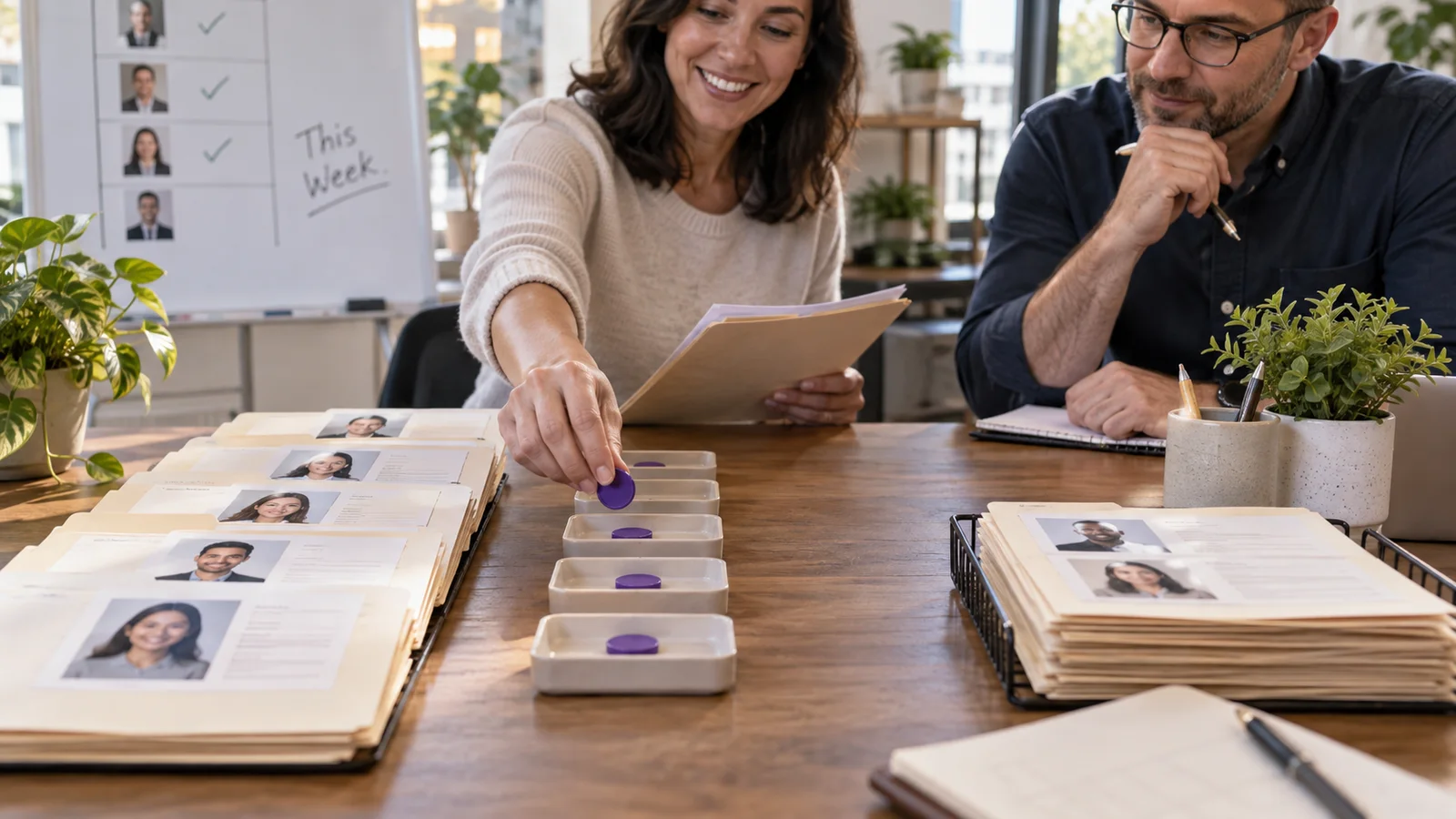 A hiring manager places one token beside each completed candidate folder