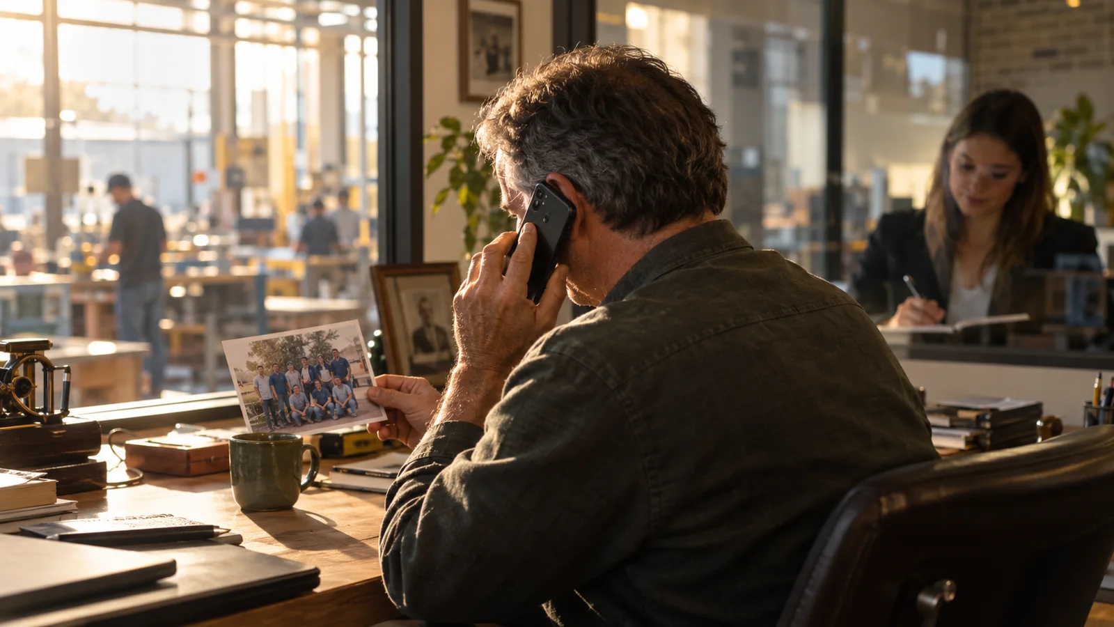 A former manager reflects on an old team photo during a reference call