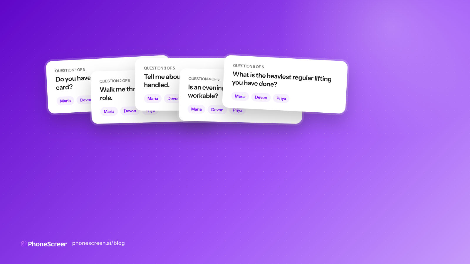 Five identical question cards laid out in a row