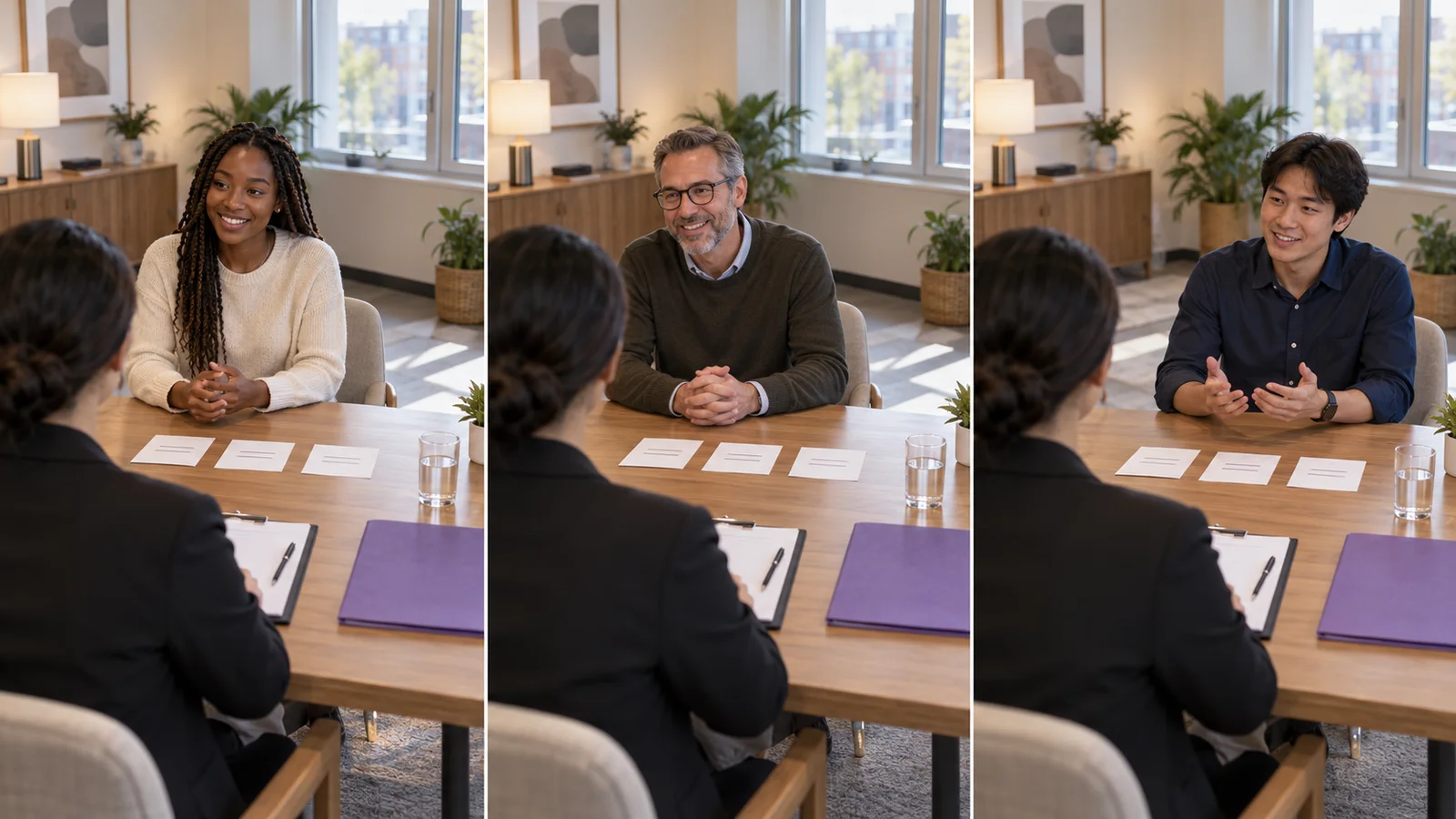 Three candidates answer the same set of interview questions in the same room