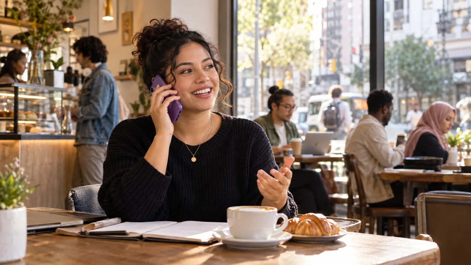 A candidate comfortably completes a phone screen from a neighborhood cafe