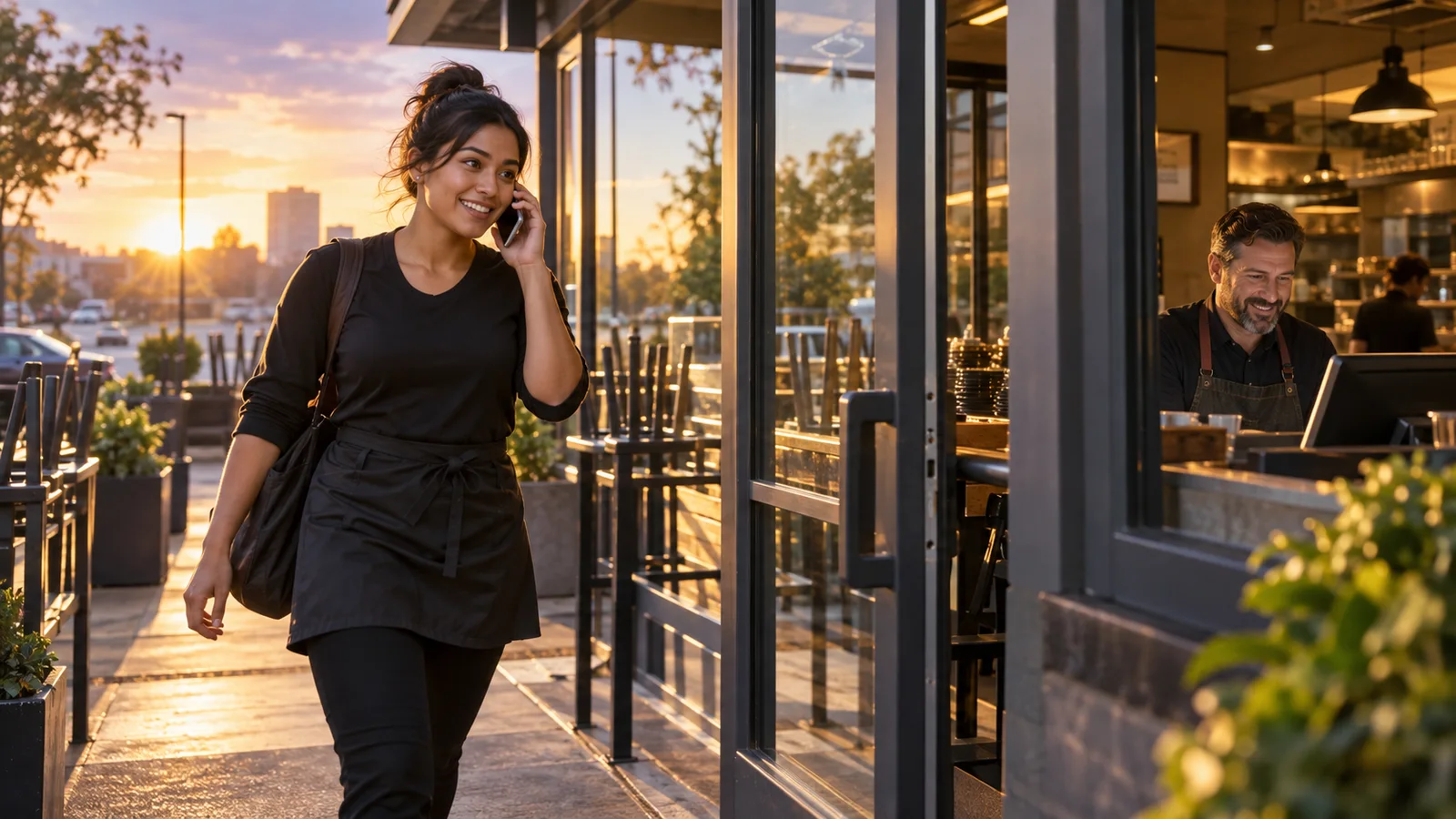 A restaurant candidate takes an immediate screening call before her shift