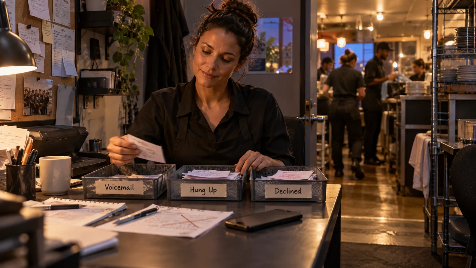A restaurant manager sorts call outcomes into voicemail, hang-up, and declined trays
