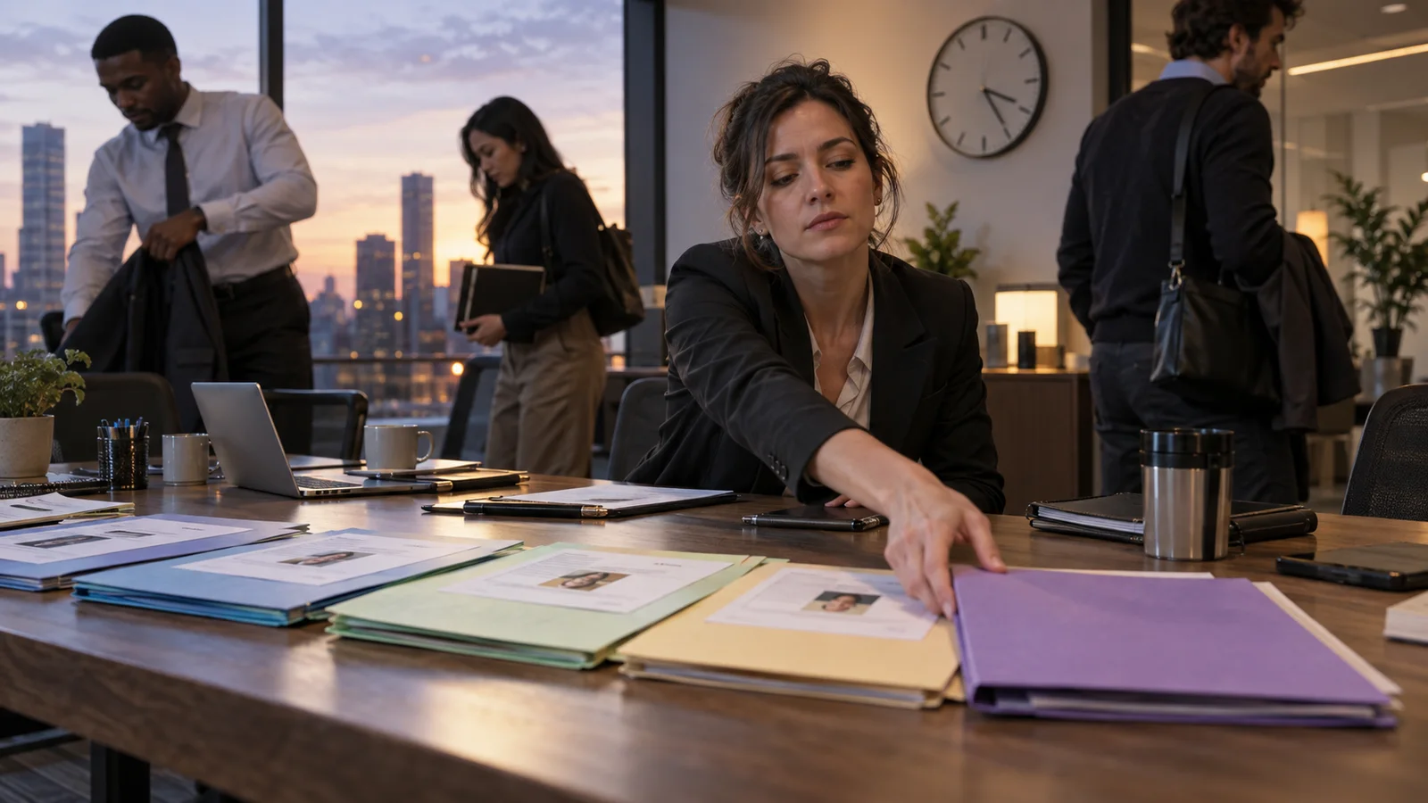 A hiring manager reaches for the final reference-check folder as colleagues leave