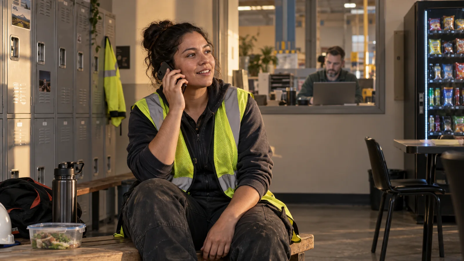 A warehouse associate on a break takes a short phone interview, while a hiring manager reads a scorecard on a laptop in the office behind the glass