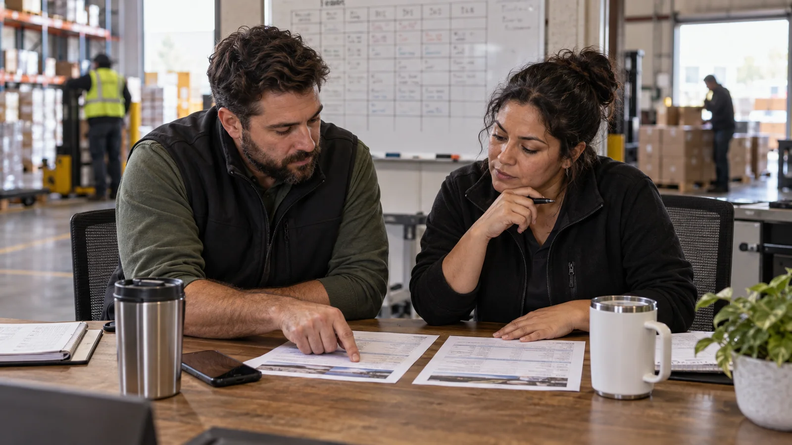Two operations managers compare two printed vendor proposals side by side at a small office table