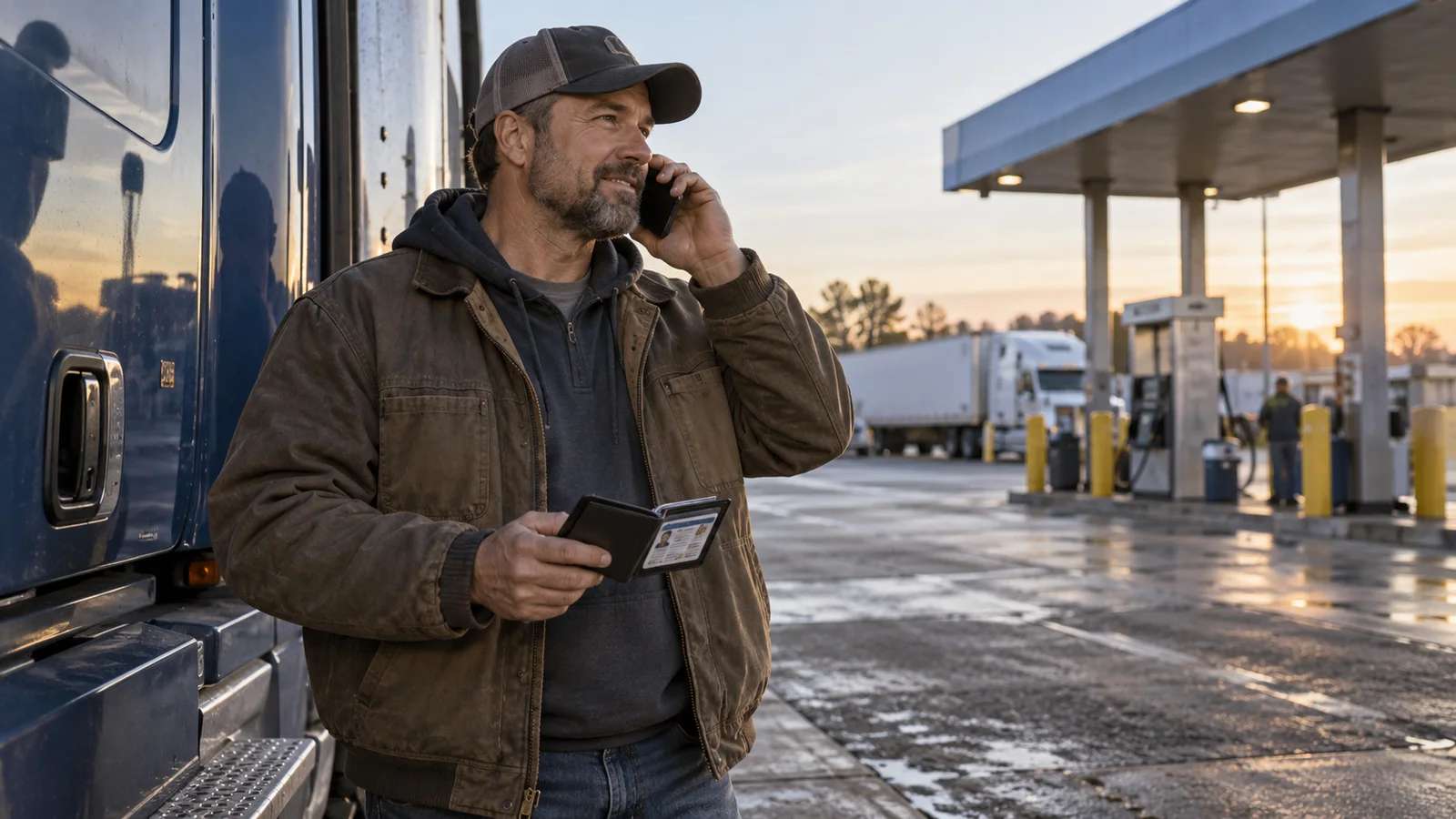 A CDL driver holds up his license card while answering a screening call beside his truck