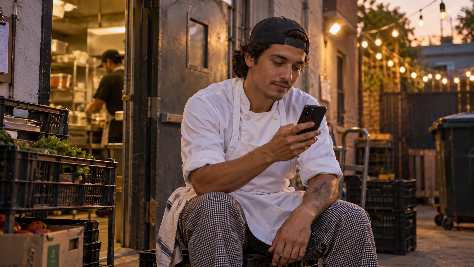 A line cook glances at an incoming call from a local number on her phone during a break behind the restaurant