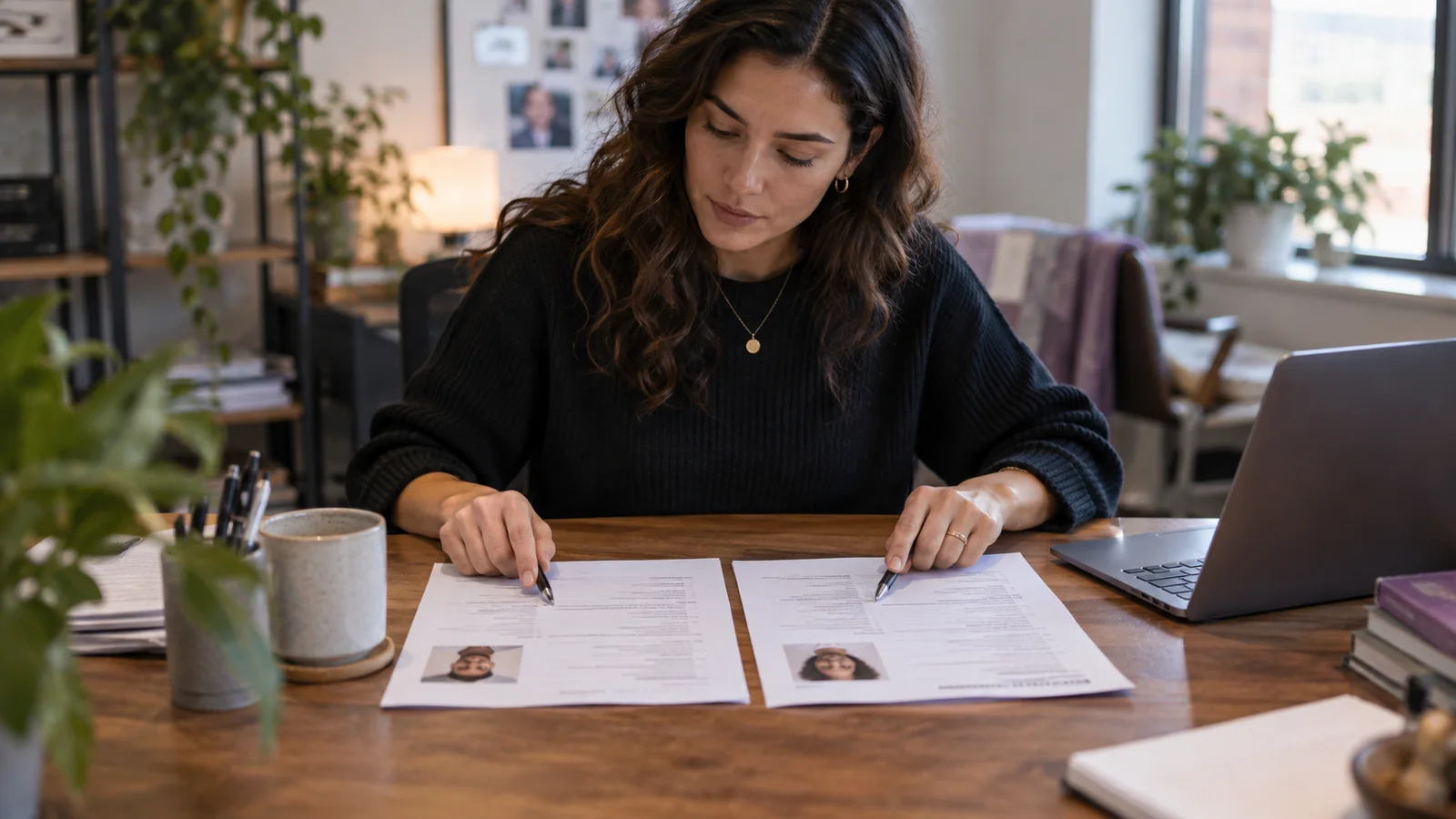 A recruiter compares two reference phone numbers on printed candidate files and notices they match