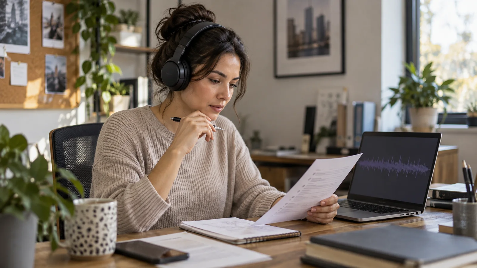 An HR manager listens to a call recording with headphones while checking a printed list of interview questions