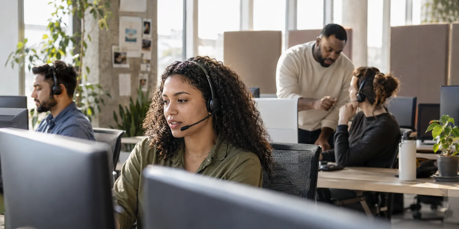 A customer support team handling calls in a bright contact center