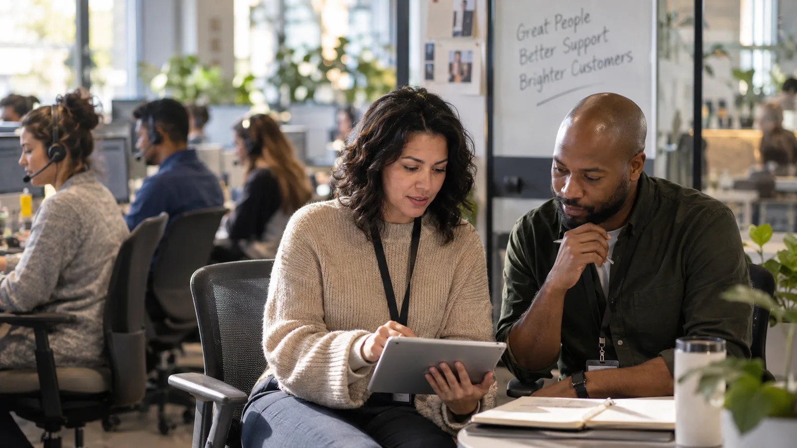 Support leaders reviewing candidate scorecards in a contact center