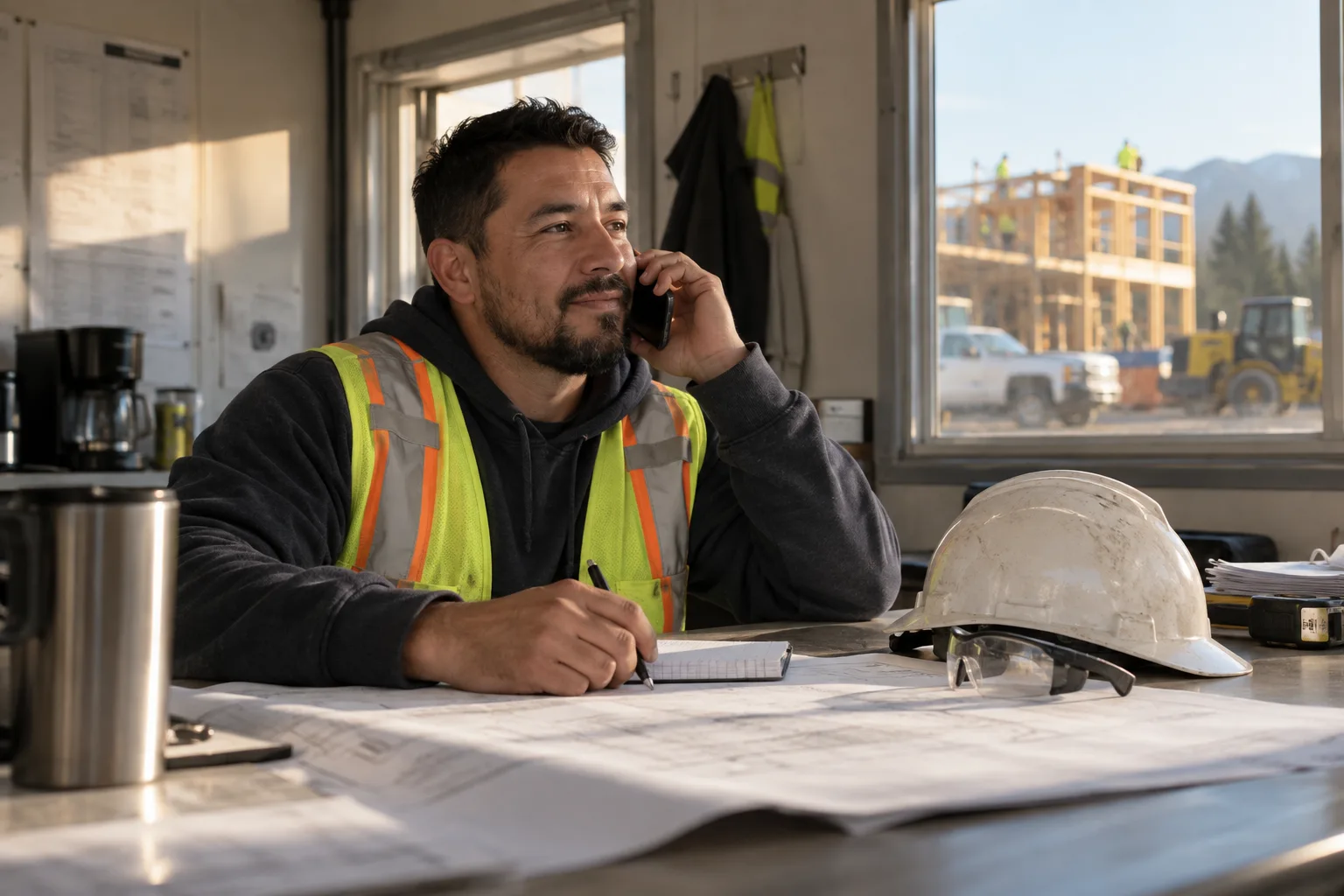 A construction worker completing a phone screen in a site trailer