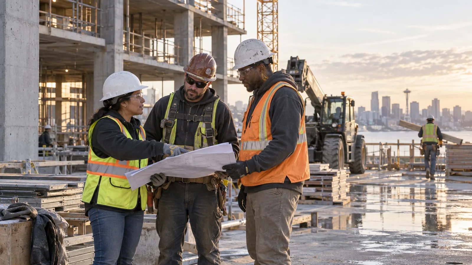 A construction crew reviewing plans together on an active jobsite