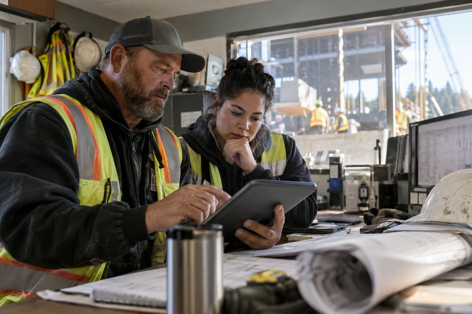 A superintendent and project coordinator reviewing applicants in a site office