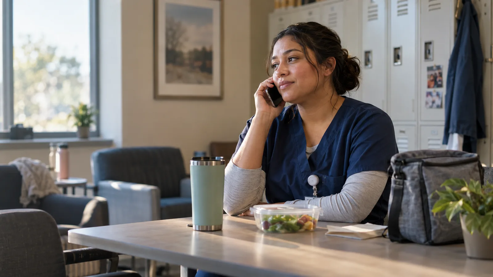 A nursing assistant taking a phone screen in a quiet staff lounge