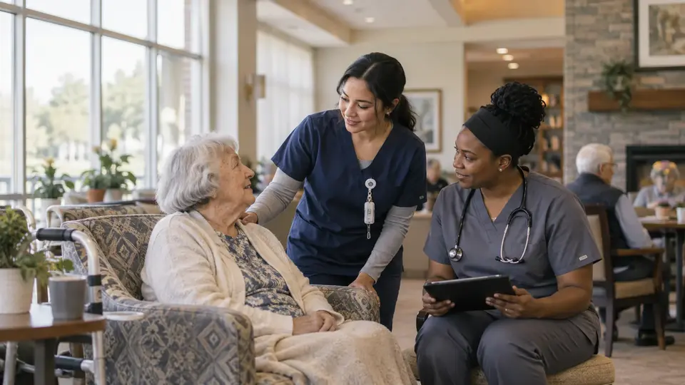 Two care professionals speaking with an older patient in a senior living community