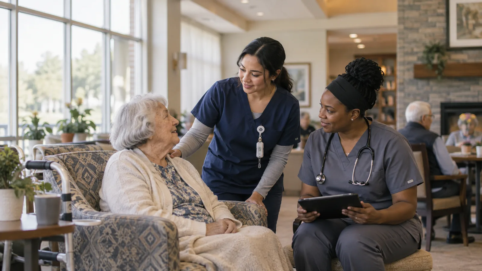 Two care professionals speaking with an older patient in a senior living community