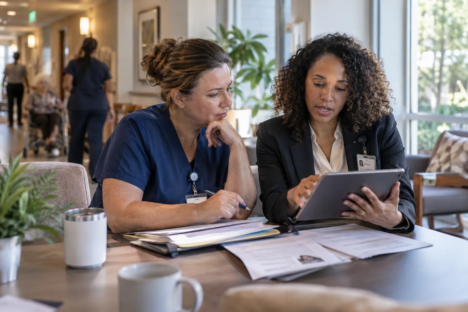 A clinical manager and HR partner reviewing care candidates together