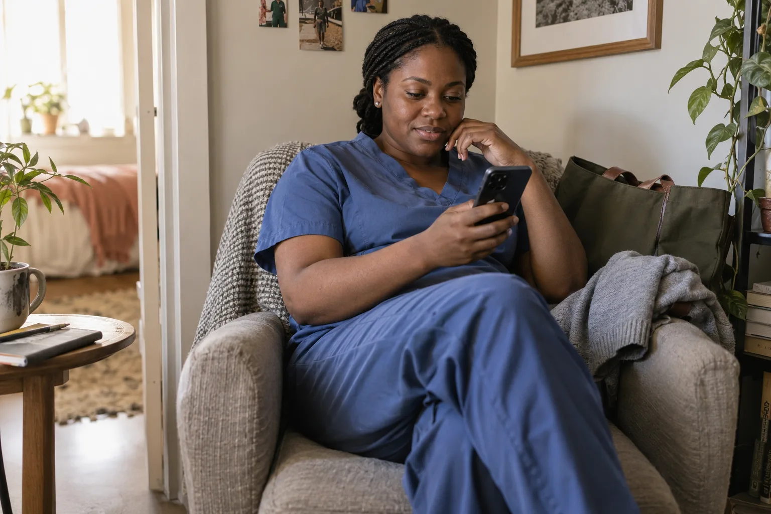 A caregiver completing a phone screen from a quiet chair at home