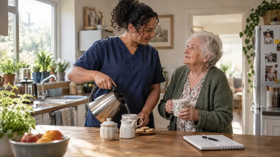 A professional caregiver preparing tea with an older adult in her home
