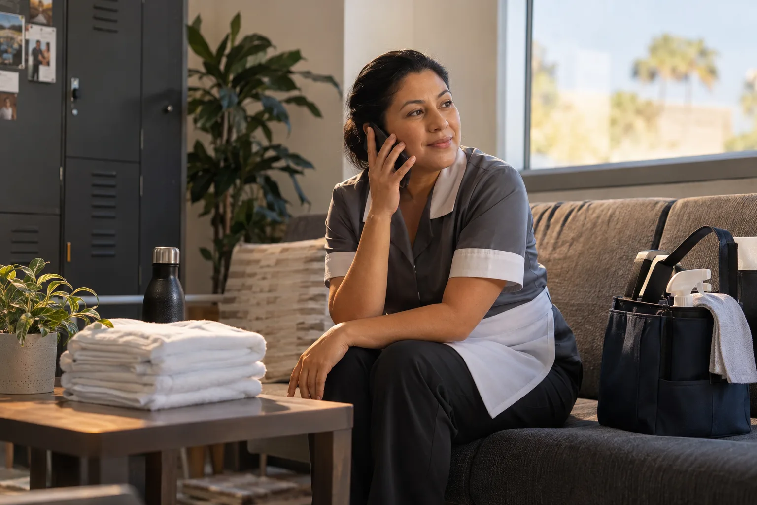 A hotel housekeeper completing a phone screen before an early shift