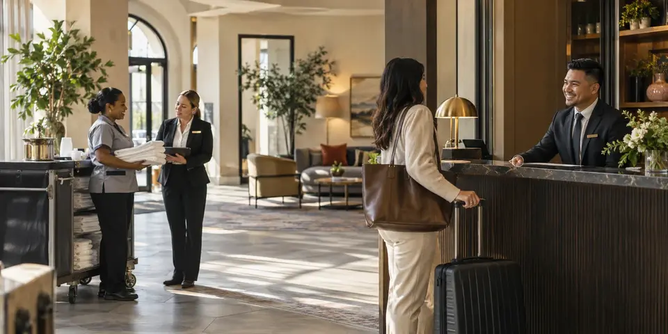 Hotel staff coordinating housekeeping and guest service in a bright lobby