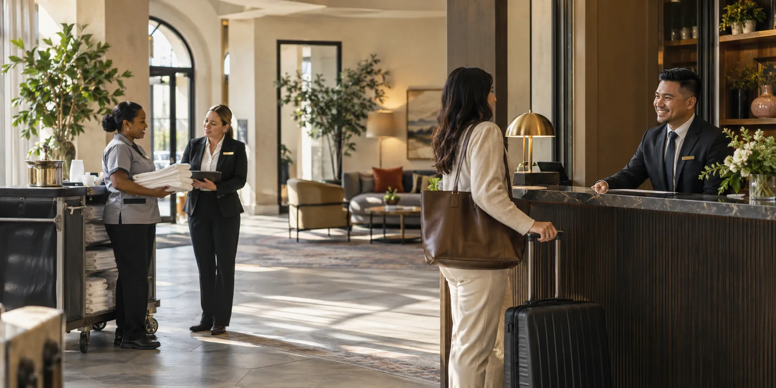 Hotel staff coordinating housekeeping and guest service in a bright lobby