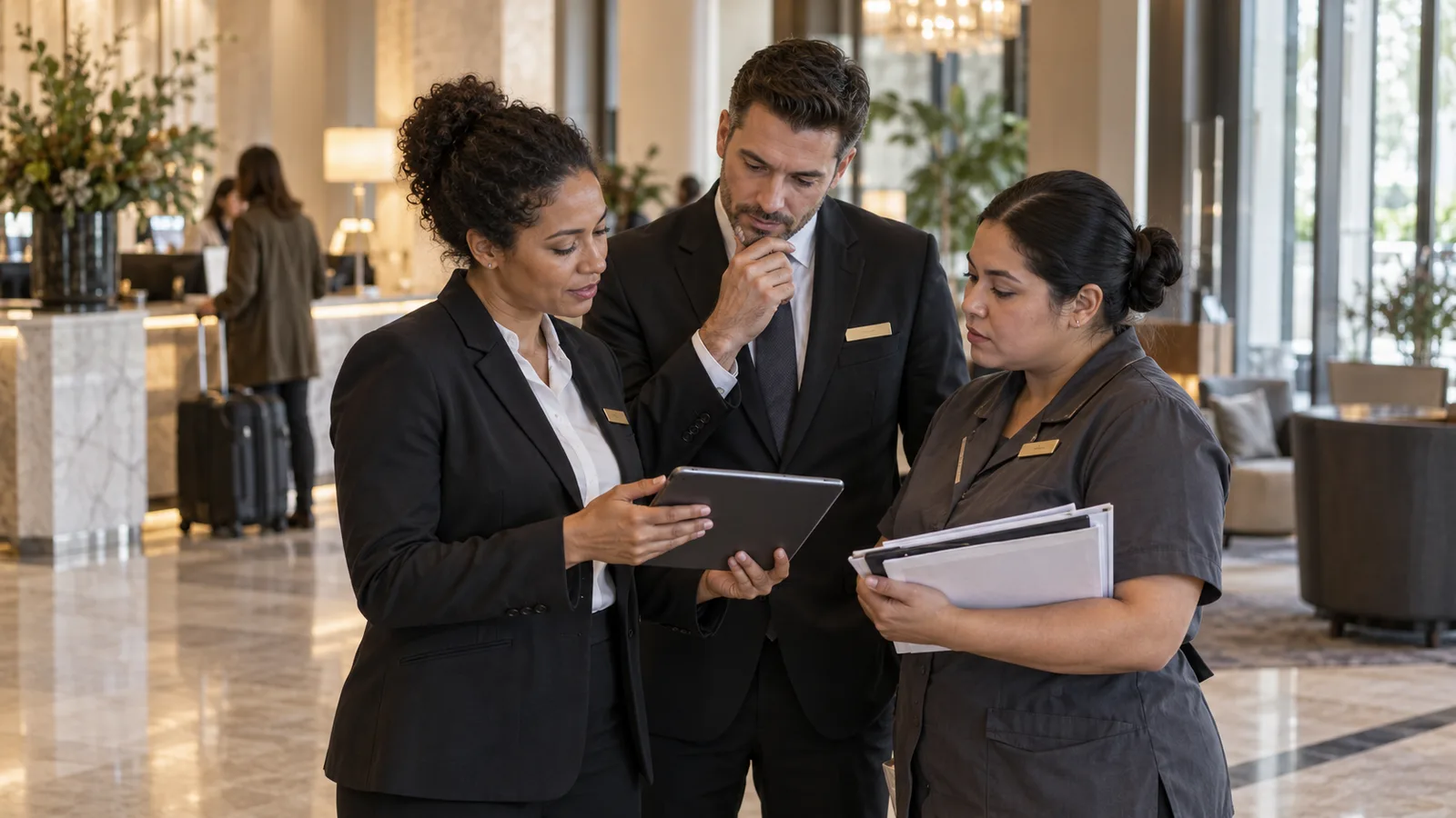 Hotel operations leaders reviewing staffing needs together in the lobby