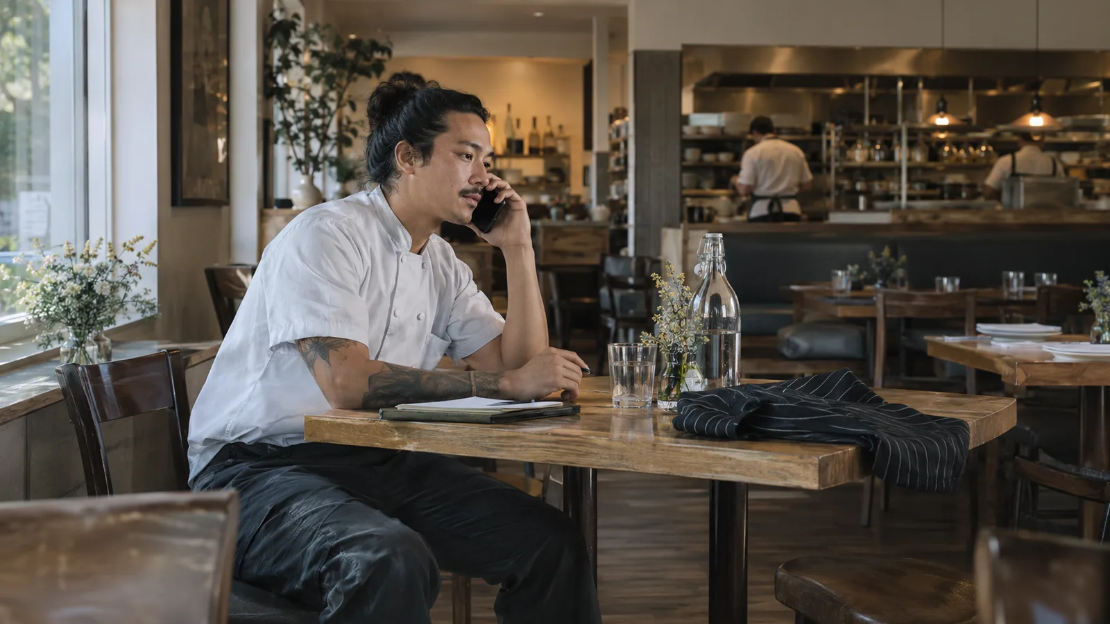A line cook completing a phone screen in a quiet restaurant before opening