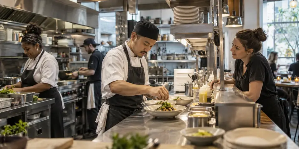 A restaurant kitchen team preparing dishes together before service
