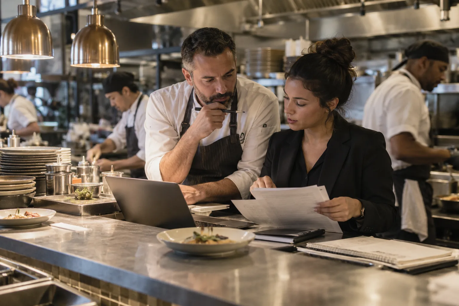 A chef and restaurant manager reviewing applicants together at the pass