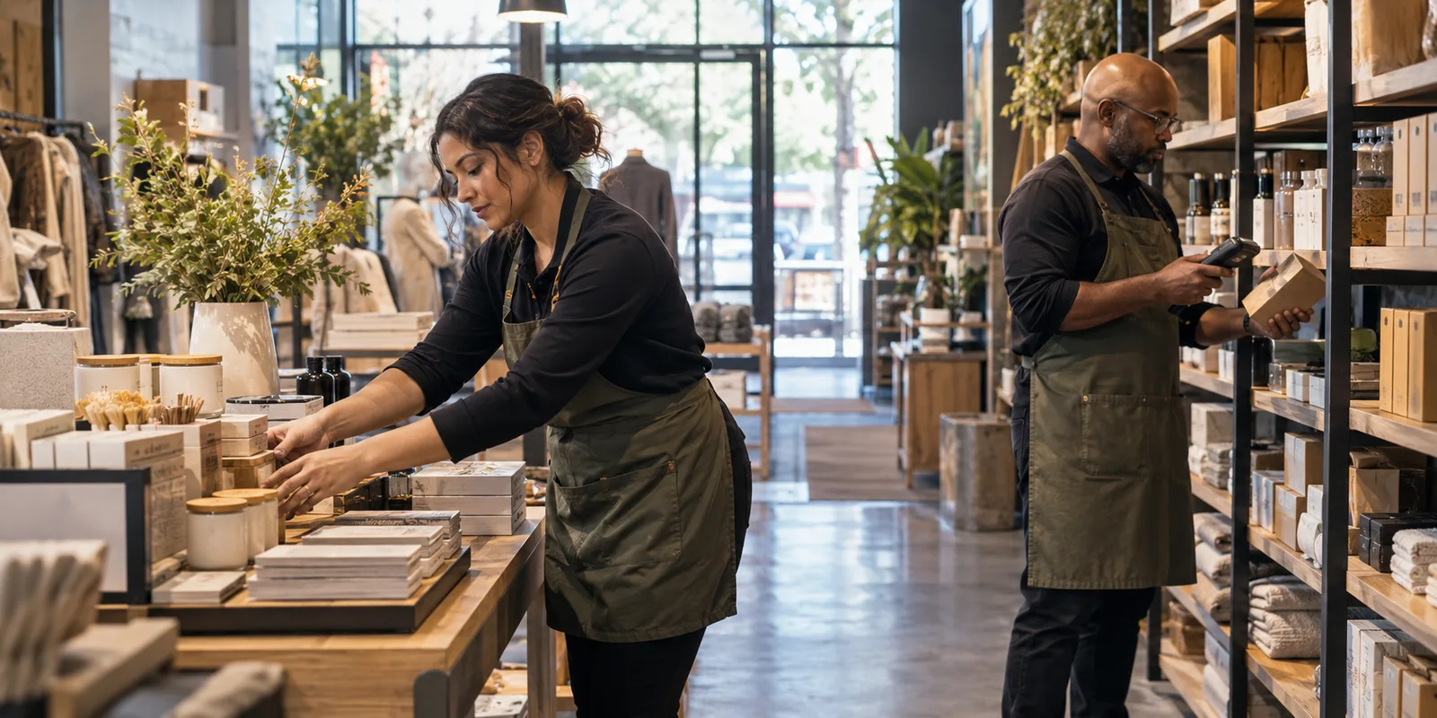 Retail associates preparing a neighborhood store before opening