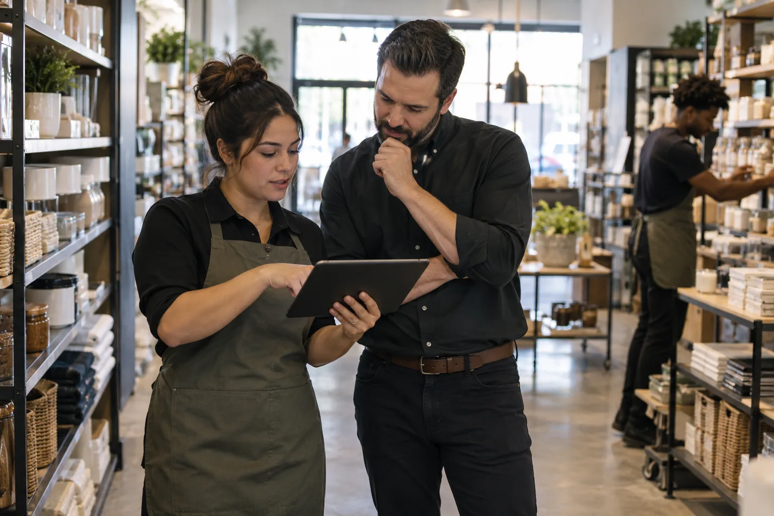 A store manager and shift lead reviewing candidates on a tablet