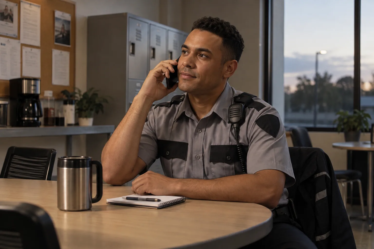 A security officer taking a phone screen before an evening shift