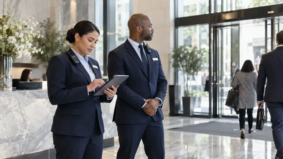 Two building security professionals coordinating a shift change in a modern lobby