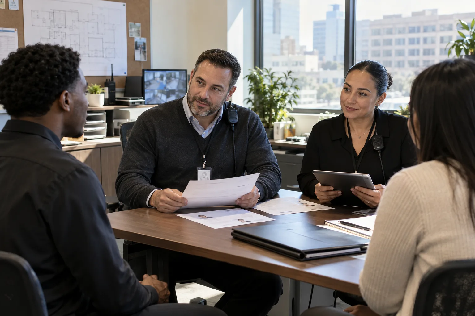 Security operations leaders interviewing candidates in a bright office