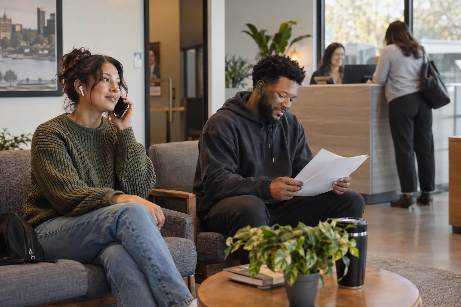 Staffing candidates completing onboarding and a phone screen in a branch office