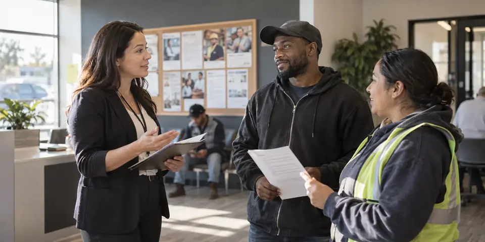 A staffing recruiter speaking with two hourly workers in a branch office
