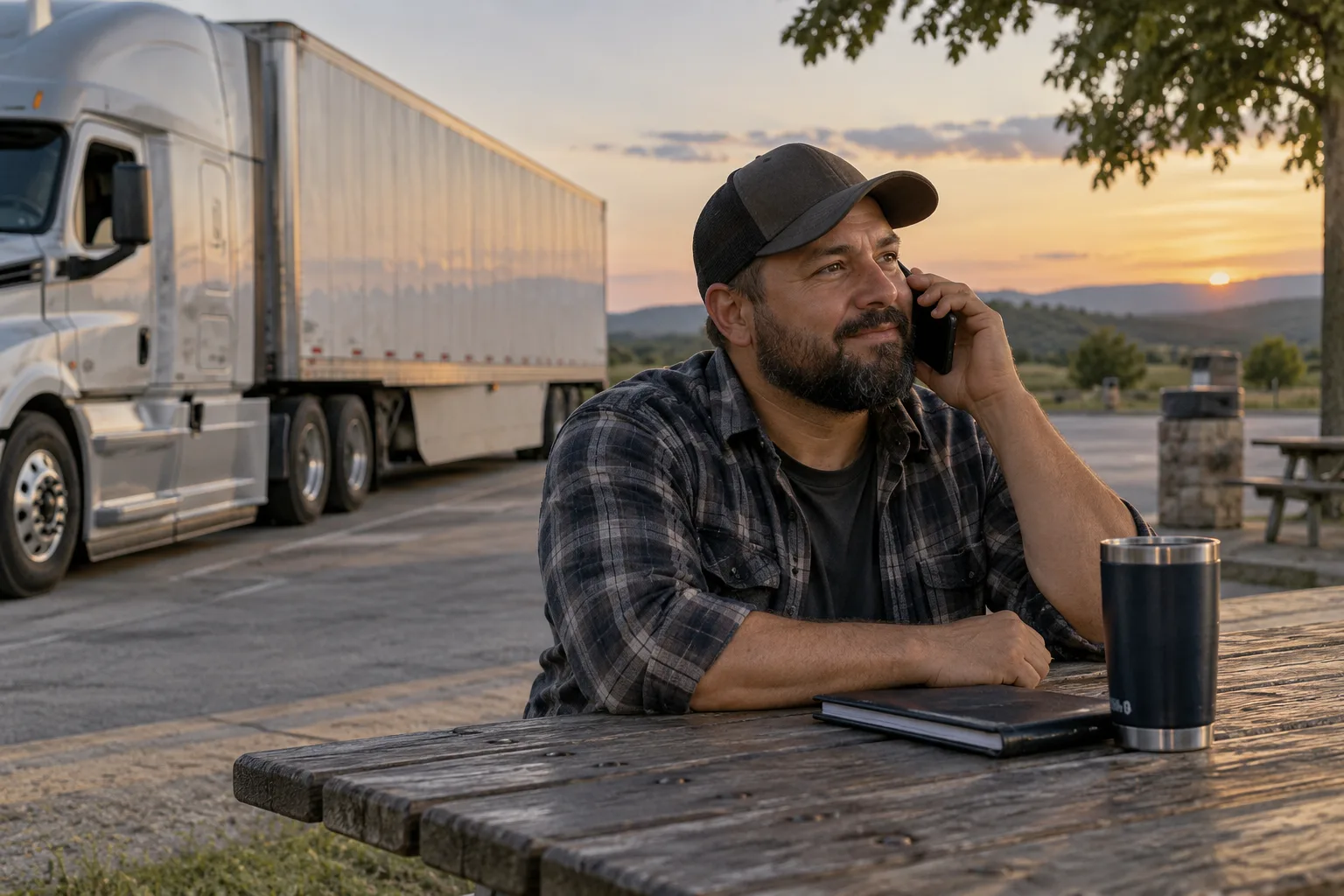 A truck driver taking a phone screen at a safe rest area