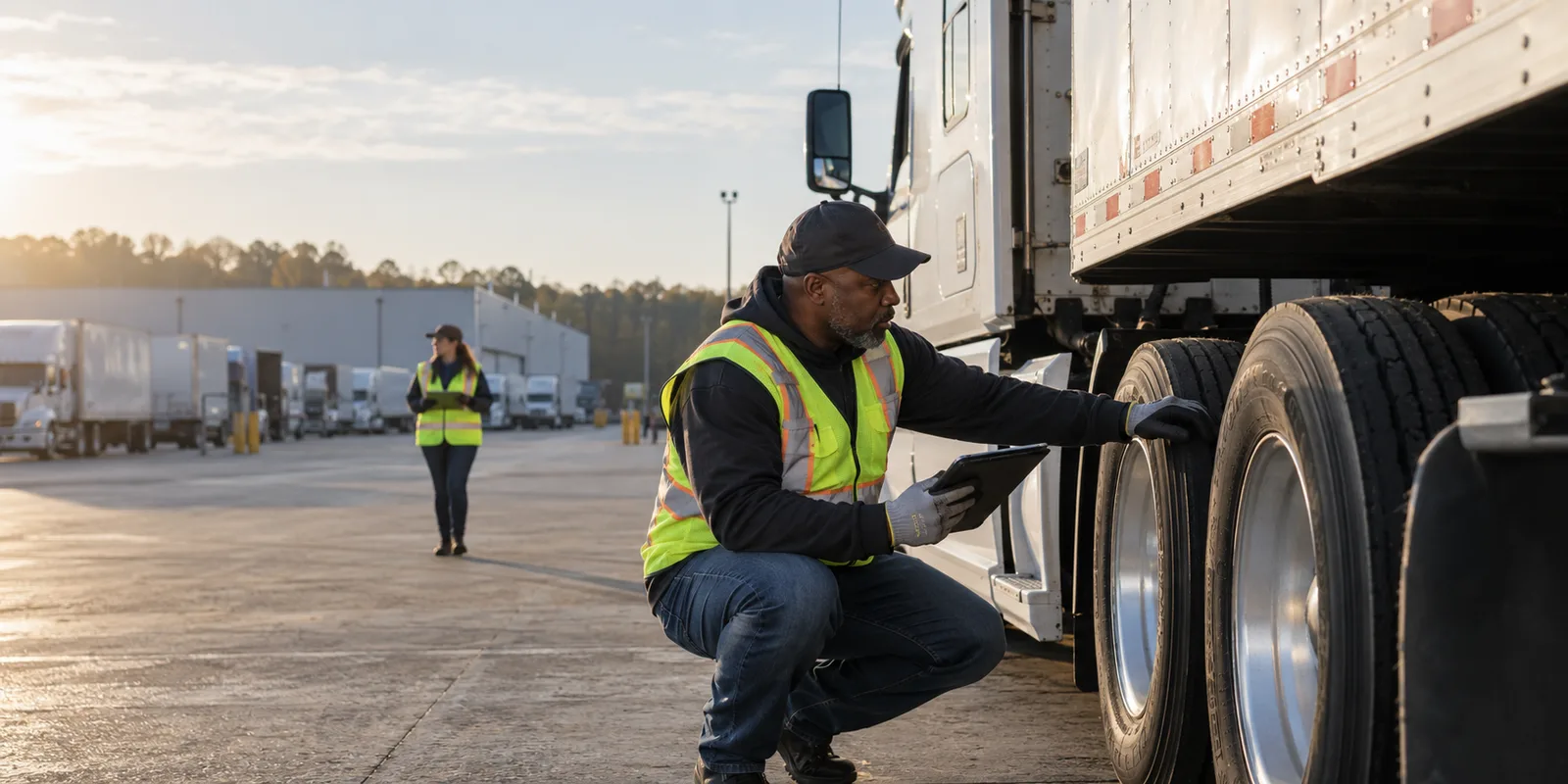 A CDL driver performing a pre-trip inspection on a tractor-trailer