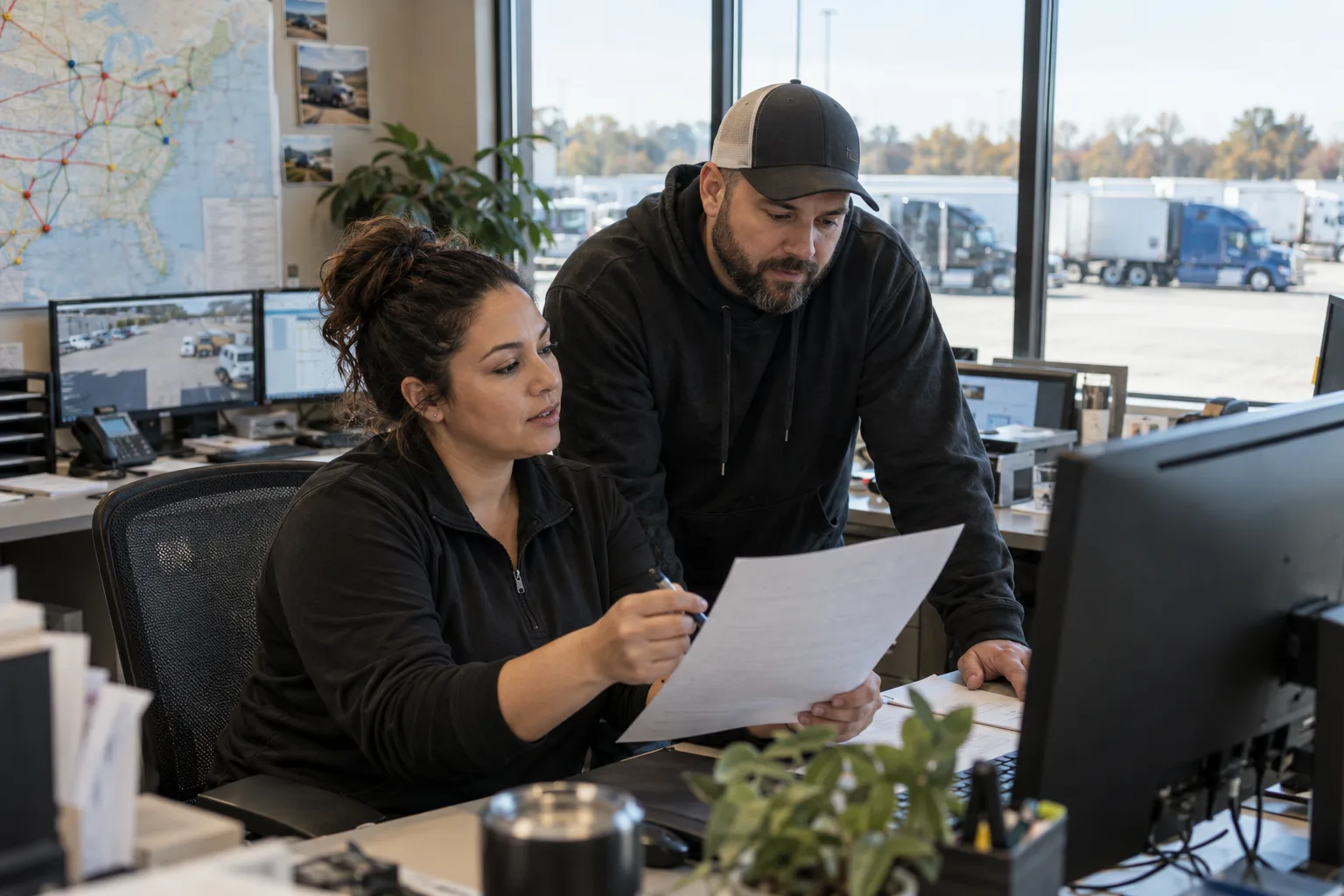 A driver recruiter and dispatcher reviewing candidates in a transport office