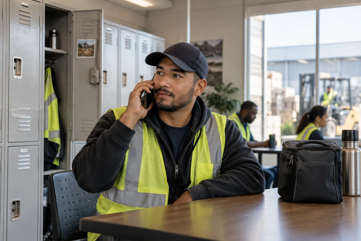 A warehouse worker taking a phone screen in a bright employee break room