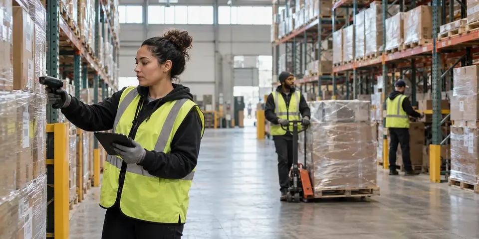 Warehouse associates scanning inventory and moving a pallet safely through an aisle