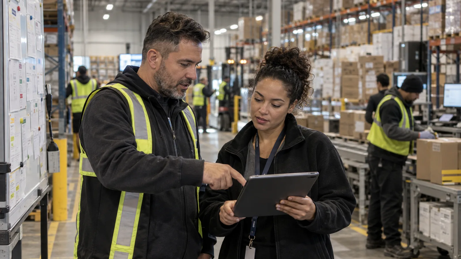A warehouse operations manager and recruiter reviewing candidates on a tablet